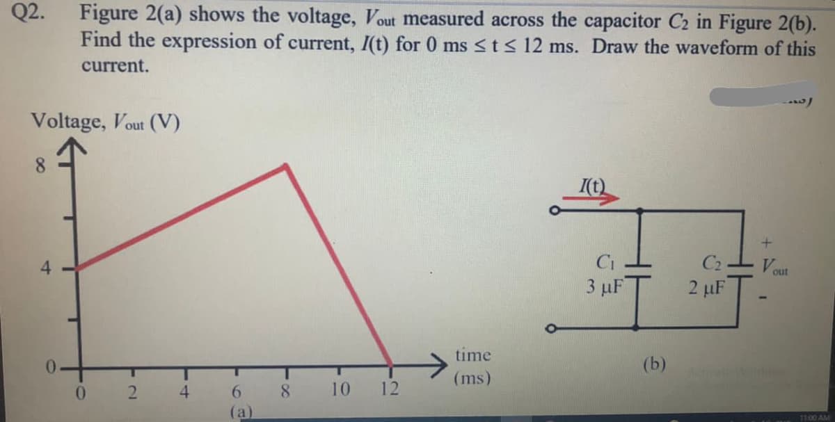 Figure 2(a) shows the voltage, Vout measured across the capacitor C2 in Figure 2(b).
Find the expression of current, I(t) for 0 ms <t< 12 ms. Draw the waveform of this
Q2.
current.
Voltage, Vout (V)
I(t)
4.
Ci
C2
Va
out
3 µF
2 µF
time
(b)
ind
(ms)
0.
4
6.
8.
10
12
(a)
11:00 AM
