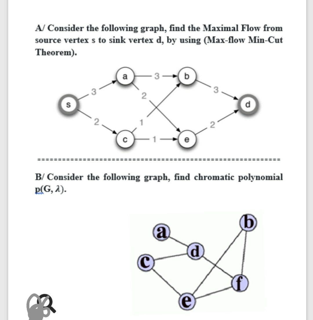 A/ Consider the following graph, find the Maximal Flow from
source vertex s to sink vertex d, by using (Max-flow Min-Cut
Theorem).
b
B/ Consider the following graph, find chromatic polynomial
P(G, 2).
a
d
e