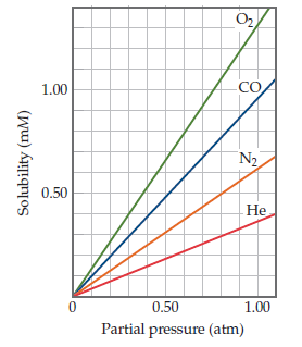 O2
1.00
CO
N2
0.50
Не
0.50
1.00
Partial pressure (atm)
Solubility (mM)
