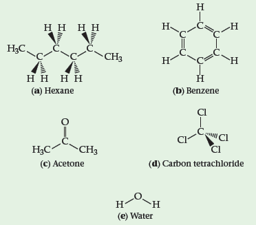 Н
нн нн
Н
н
НаС.
-CHз
Н-
н
нн нн
(а) Нехаne
Н
(b) Benzene
Cl
Счни C
Нас
(C) Acetone
CHз
(d) Carbon tetrachloride
Н-
н
(e) Water
