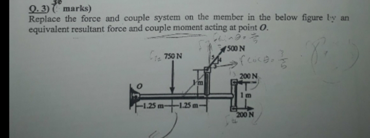 Q. 3) marks)
Replace the force and couple system on the member in the below figure by an
equivalent resultant force and couple moment acting at point O.
S00 N
Cte 750 N
200 N
1m
-1.25 m-1.25 m-
200 N
