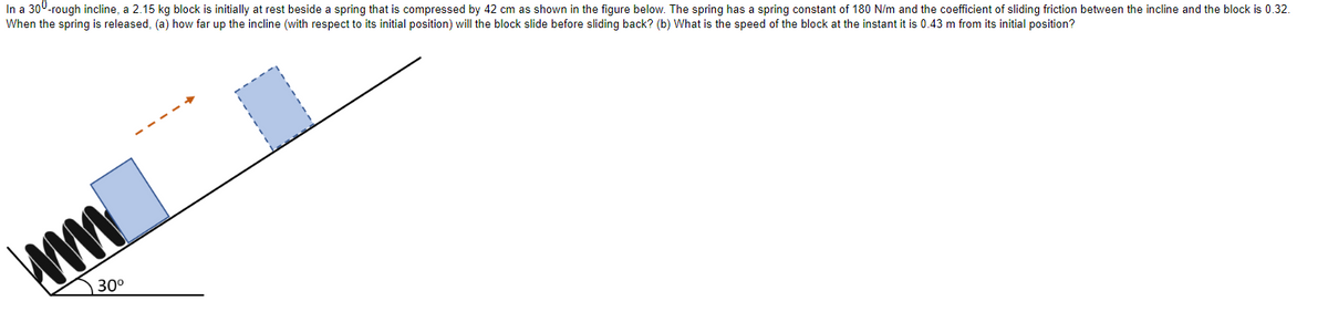 In a 300-rough incline, a 2.15 kg block is initially at rest beside a spring that is compressed by 42 cm as shown in the figure below. The spring has a spring constant of 180 N/m and the coefficient of sliding friction between the incline and the block is 0.32.
When the spring is released, (a) how far up the incline (with respect to its initial position) will the block slide before sliding back? (b) What is the speed of the block at the instant it is 0.43 m from its initial position?
ww
30⁰