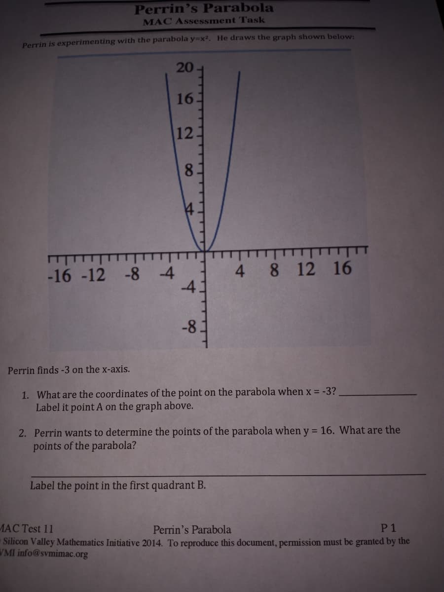 Perrin's Parabola
MAC Assessment Task
Perrin is experimenting with the parabola y=x². He draws the graph shown below:
20
16
12
8.
-4
-4.
4 8 12 16
-16 -12 -8
-81
Perrin finds -3 on the x-axis.
1. What are the coordinates of the point on the parabola when x = -3?
Label it point A on the graph above.
2. Perrin wants to determine the points of the parabola when y = 16. What are the
points of the parabola?
Label the point in the first quadrant B.
ЛАС Test 11
Silicon Valley Mathematics Initiative 2014. To reproduce this document, permission must be granted by the
VMI info@svmimac.org
Perrin's Parabola
P1
