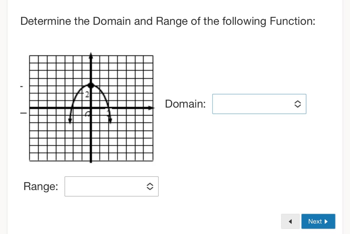 Determine the Domain and Range of the following Function:
Domain:
Range:
Next
<>
<>
