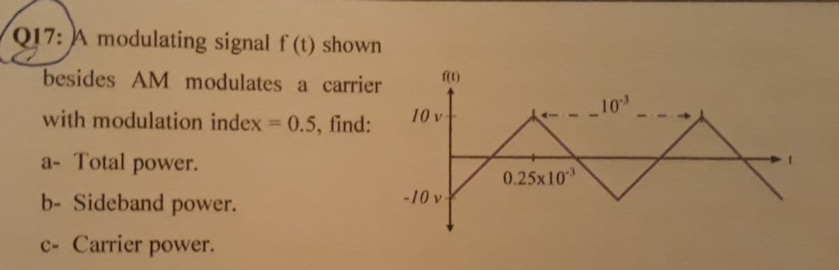 Q17: A modulating signal f (t) shown
besides AM modulates a carrier
f(t)
10
with modulation index 0.5, find:
10 v-
%3D
a- Total power.
0.25x10
b- Sideband power.
-10 v
c- Carrier power.
