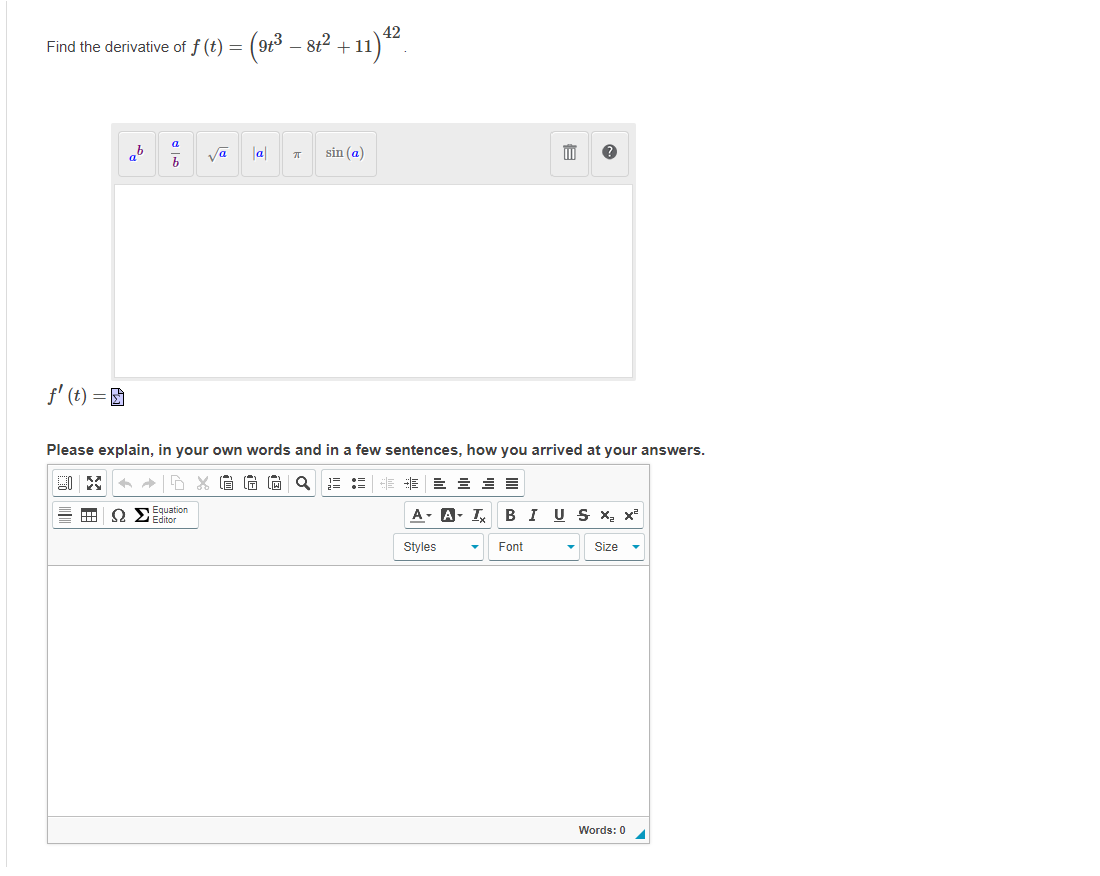 Find the derivative of f (t) = (9t³ – 8t2 +
= (923 – 82.
(6)
42
+ 11
