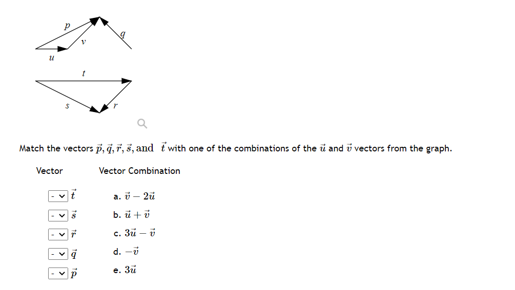 U
Match the vectors p, q, r, s, and with one of the combinations of the u and 7 vectors from the graph.
Vector Combination
Vector
S
P
a. v2u
b. u + v
c. 3u - v
d. -v
e. 3u