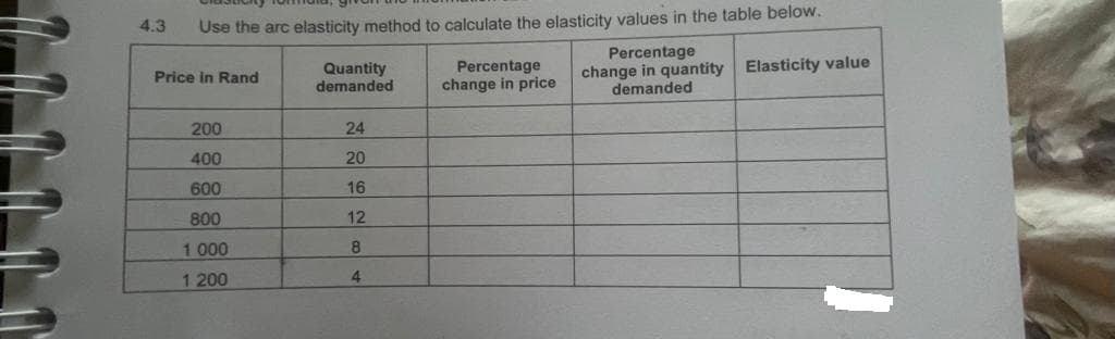 4.3
Use the arc elasticity method to calculate the elasticity values in the table below.
Percentage
change in quantity Elasticity value
demanded
Price in Rand
200
400
600
800
1.000
1 200
Quantity
demanded
24
20
16
12
8
4
Percentage
change in price