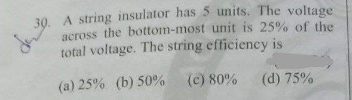 across the bottom-most unit is 25% of the
total voltage. The string efficiency is
(a) 25% (b) 50%
(c) 80%
(d) 75%
