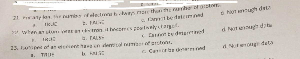 C. Lam
21. For any ion, the number of electrons is always more than the number of protons.
d. Not enough data
b. FALSE
c. Cannot be determined
a.
TRUE
22. When an atom loses an electron, it becomes positively charged.
TRUE
d. Not enough data
a.
b. FALSE
c. Cannot be determined
23. Isotopes of an element have an identical number of protons.
TRUE
b. FALSE
d. Not enough data
a.
C. Cannot be determined
