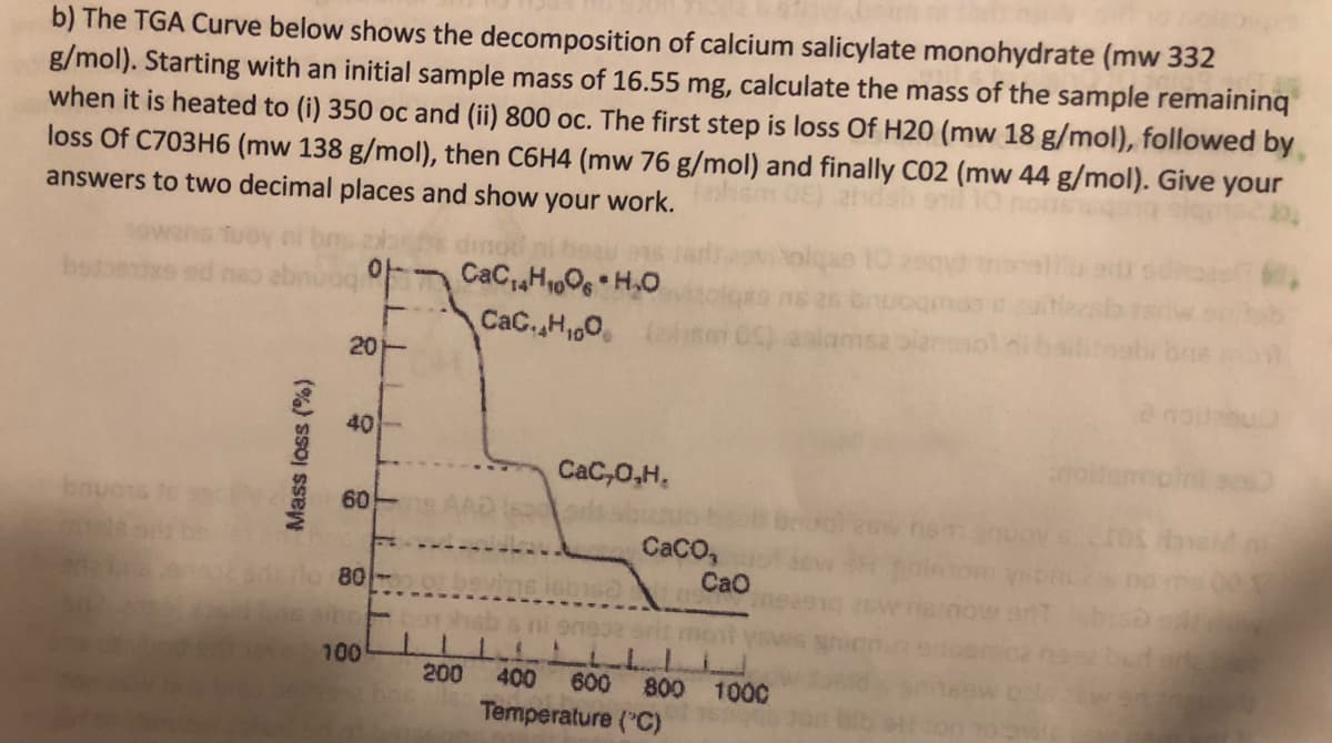 b) The TGA Curve below shows the decomposition of calcium salicylate monohydrate (mw 332
g/mol). Starting with an initial sample mass of 16.55 mg, calculate the mass of the sample remaininq
when it is heated to (i) 350 oc and (ii) 800 oc. The first step is loss Of H20 (mw 18 g/mol), followed by
loss Of C703H6 (mw 138 g/mol), then C6H4 (mw 76 g/mol) and finally C02 (mw 44 g/mol). Give
answers to two decimal places and show your work.
your
dimo
아 CaCjaHoO. HO
CaC, H,,0,
20-
40
noitempini
CaC,0,H,
60
CaCo,
CaO
80 o
100
200
400
600
800
1000
Temperature ("C)
Mass loss (%)
