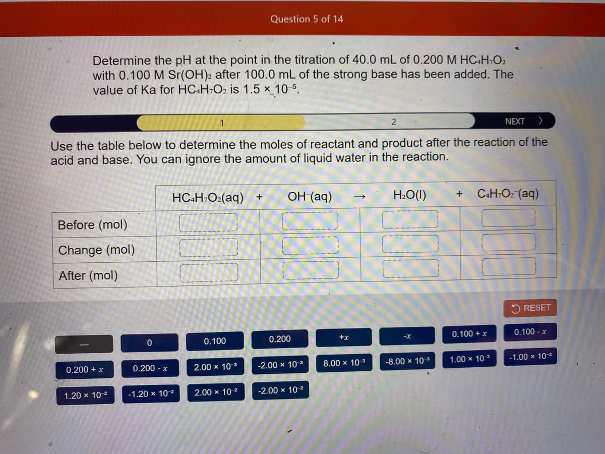 Question 5 of 14
Determine the pH at the point in the titration of 40.0 mL of 0.200 M HC&H-O2
with 0.100 M Sr(OH)2 after 100.0 mL of the strong base has been added. The
value of Ka for HC4H-O2 is 1.5 x 10-5.
2
NEXT
Use the table below to determine the moles of reactant and product after the reaction of the
acid and base. You can ignore the amount of liquid water in the reaction.
ОН (aq)
H2O(I)
CH-O2 (aq)
+
HC:H;O>(aq) +
Before (mol)
Change (mol)
After (mol)
RESET
0.100 + x
0.100 - x
0.100
0.200
+x
1.00 × 10-2
-1.00 × 10-2
8.00 × 103
-8.00 × 103
0.200 - x
2.00 × 10-3
-2.00 × 10-3
0.200 + x
-1.20 x 10-2
2.00 × 10-2
-2.00 × 10-2
1.20 x 10-2
