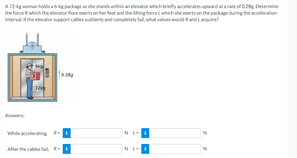A 72-kg woman holds a 6-kg package as she stands within an elevator which briefly accelerates upward at a rate of 0.28g. Determine
the force R which the elevator floor exerts on her feet and the lifting force L which she exerts on the package during the acceleration
interval. If the elevator support cables suddenly and completely fail, what values would R and L acquire?
6kg
0.28g
-72kg
Answers:
R= i
N L= i
While accelerating,
N
After the cables fail, Ri
N L = i
N
1