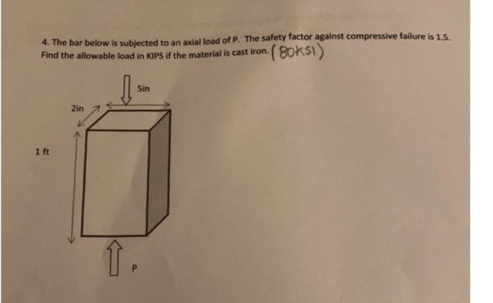 4. The bar below is subjected to an axial load of P. The safety factor against compressive failure is 1.5.
Find the allowable load in KIPS if the material is cast iron.
Sin
2in
1 ft
