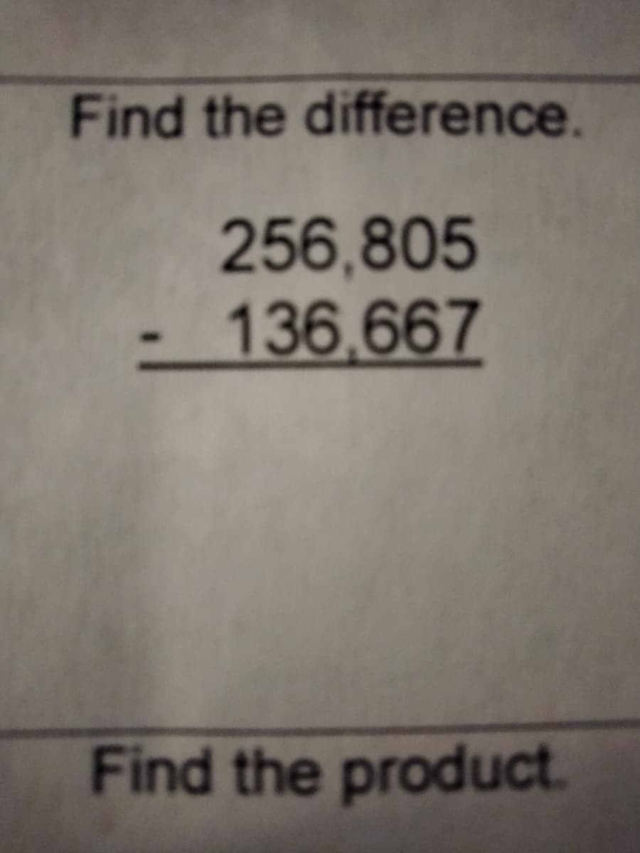 Find the difference.
256,805
136,667
Find the product.
