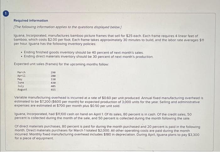 Required information
[The following information applies to the questions displayed below.]
Iguana, Incorporated, manufactures bamboo picture frames that sell for $25 each. Each frame requires 4 linear feet of
bamboo, which costs $2.00 per foot. Each frame takes approximately 30 minutes to build, and the labor rate averages $11
per hour. Iguana has the following inventory policies:
• Ending finished goods inventory should be 40 percent of next month's sales.
• Ending direct materials inventory should be 30 percent of next month's production.
Expected unit sales (frames) for the upcoming months follow:
March
April
May
June
July
August
290
280
330
430
405
455
Variable manufacturing overhead is incurred at a rate of $0.60 per unit produced. Annual fixed manufacturing overhead is
estimated to be $7,200 ($600 per month) for expected production of 3,000 units for the year. Selling and administrative
expenses are estimated at $700 per month plus $0.50 per unit sold.
Iguana, Incorporated, had $11,100 cash on hand on April 1. Of its sales, 80 percent is in cash. Of the credit sales, 50
percent is collected during the month of the sale, and 50 percent is collected during the month following the sale.
Of direct materials purchases, 80 percent is paid for during the month purchased and 20 percent is paid in the following
month. Direct materials purchases for March 1 totaled $2,000. All other operating costs are paid during the month
incurred. Monthly fixed manufacturing overhead includes $180 in depreciation. During April, Iguana plans to pay $3,300
for a piece of equipment.