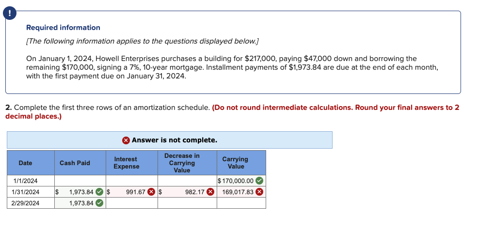 Required information
[The following information applies to the questions displayed below.]
On January 1, 2024, Howell Enterprises purchases a building for $217,000, paying $47,000 down and borrowing the
remaining $170,000, signing a 7%, 10-year mortgage. Installment payments of $1,973.84 are due at the end of each month,
with the first payment due on January 31, 2024.
2. Complete the first three rows of an amortization schedule. (Do not round intermediate calculations. Round your final answers to 2
decimal places.)
Date
Cash Paid
> Answer is not complete.
Interest
Expense
1/1/2024
1/31/2024 $ 1,973.84✔✔✔ $ 991.67 * $
2/29/2024
1,973.84
Decrease in
Carrying
Value
982.17 X
Carrying
Value
$170,000.00
169,017.83 x