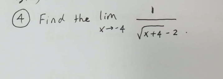 **Problem 4: Find the Limit**

Given: \(\lim_{{x \to 4}} \frac{1}{\sqrt{x+4} - 2}\)

This problem requires finding the limit of the given expression as \(x\) approaches 4. 

### Steps to Solve:
1. **Understanding the Problem:**
   To find the limit of the given function as \(x\) tends to 4, we need to look for simplifications or techniques that help evaluate the expression directly or by manipulating the expression to avoid indeterminate forms. This often involves rationalizing the denominator.

2. **Rationalization:**
   Multiply the numerator and the denominator by the conjugate of the denominator to simplify the expression:
   \[
   \frac{1}{\sqrt{x+4} - 2} \times \frac{\sqrt{x+4} + 2}{\sqrt{x+4} + 2} = \frac{\sqrt{x+4} + 2}{(x+4) - 4}
   \]
   Simplifying the denominator:
   \[
   \frac{\sqrt{x+4} + 2}{x}
   \]
   
3. **Substitute x = 4:**
   Now, by substituting \(x\) approaching 4 in the simplified expression:
   \[
   \lim_{{x \to 4}} \frac{\sqrt{x+4} + 2}{x} = \frac{\sqrt{4+4} + 2}{4} = \frac{2\sqrt{2} + 2}{4} = \frac{2 ( \sqrt{2} + 1 )}{4} = \frac{\sqrt{2} + 1}{2}
   \]

Therefore, the limit is \(\boxed{\frac{\sqrt{2}+1}{2}}\).