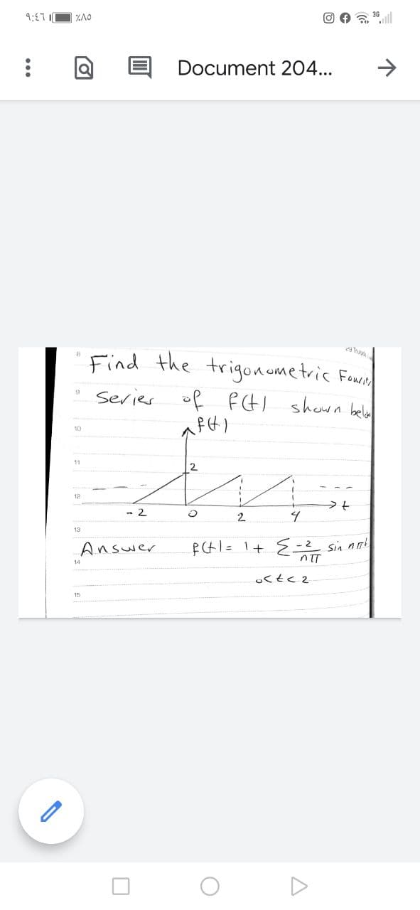 ZAO
Document 204...
Find the trigonumetric Four
a Truy
Serier
of fH) shcwn bel
11
2.
12
- 2
2.
13
Answer
sin nn
14
15
