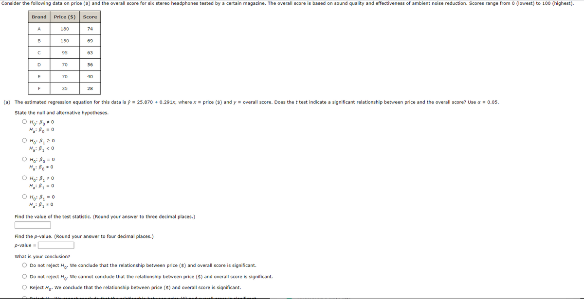 Consider the following data on price ($) and the overall score for six stereo headphones tested by a certain magazine. The overall score is based on sound quality and effectiveness of ambient noise reduction. Scores range from 0 (lowest) to 100 (highest).
Brand
Price ($)
Score
180
74
В
150
69
95
63
70
56
70
40
F
35
28
(a) The estimated regression equation for this data is ý = 25.870 + 0.291x, where x = price ($) and y = overall score. Does the t test indicate a significant relationship between price and the overall score? Use a = 0.05.
State the null and alternative hypotheses.
O Ho: Bo * 0
H: Bo = 0
O Ho: B1 20
Hoi Bq < 0
O Ho: Bo = 0
Hg: Bo 0
O Ho: B1* 0
H: B, = 0
O Ho: B, = 0
H: B1 = 0
Find the value of the test statistic. (Round your answer to three decimal places.)
Find the p-value. (Round your answer to four decimal places.)
p-value =
What is your conclusion?
O Do not reject H. We conclude that the relationship between price ($) and overall score is significant.
O Do not reject H,. We cannot conclude that the relationship between price ($) and overall score is significant.
O Reject Ho. We conclude that the relationship between price ($) and overall score is significant.
