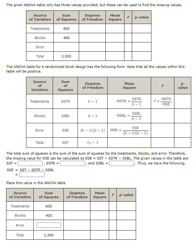 The given ANOVA table only has three values provided, but these can be used to find the missing values.
Source
of Variation
Sum
Degrees
of Freedom
Mean
of Squares
F
Square
p-value
Treatments
600
Blocks
400
Error
Total
1,300
The ANOVA table for a randomized block design has the following form. Note that all the values within this
table will be positive.
Source
of
Sum
Degrees
of Freedom
Mean
P-
value
of
Square
Variation
Squares
SSTR
MSTR
Treatments
SSTR
k - 1
MSTR =
F =
k - 1
MSE
SSBL
Blocks
SSBL
b - 1
MSBL =
ь — 1
SE
MSE =
(k - 1)(b – 1)
Error
SSE
(k - 1)(b - 1)
Total
ST
n-- 1
The total sum of squares is the sum of the sum of squares for the treatments, blocks, and error. Therefore,
the missing value for SSE can be calculated as SSE = ST - SSTR - SBL. The given values in the table are
SST =
SSE = SST - SSTR – SSBL
1, and SSBL =
. Thus, we have the following.
SSTR =
Place this value in the ANOVA table.
Source
Sum
Degrees
of Freedom Square
Mean
F p-value
of Variation
of Squares
Treatments
600
Blocks
400
Error
Total
1,300
