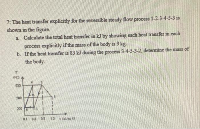 7: The heat transfer explicitly for the reversible steady flow process 1-2-3-4-5-3 is
shown in the figure.
a Calculate the total heat transfer in kJ by showing each heat transfer in each
process explicitly if the mass of the body is 9 kg.
b. If the heat transfer is 83 kJ during the process 3-4-5-3-2, determine the mass of
the body.
ec)
930
500
200 5
0.1
0.3 0.8
13
