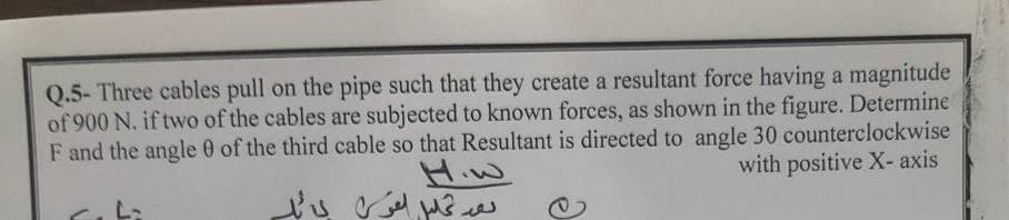 Q.5- Three cables pull on the pipe such that they create a resultant force having a magnitude
of 900 N. if two of the cables are subjected to known forces, as shown in the figure. Determine
F and the angle 0 of the third cable so that Resultant is directed to angle 30 counterclockwise
with positive X-axis
بائل
بعد تحليل القوي