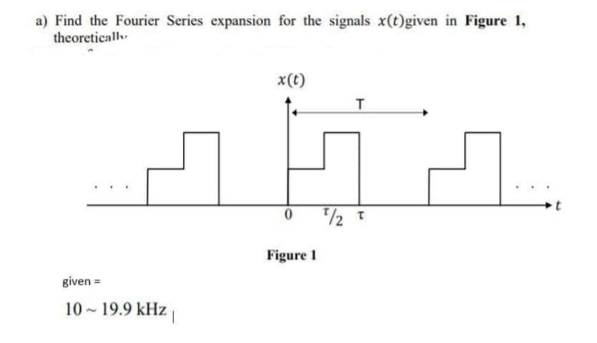 a) Find the Fourier Series expansion for the signals x(t)given in Figure 1,
theoreticall,
x(t)
Figure 1
given =
10 - 19.9 kHz
