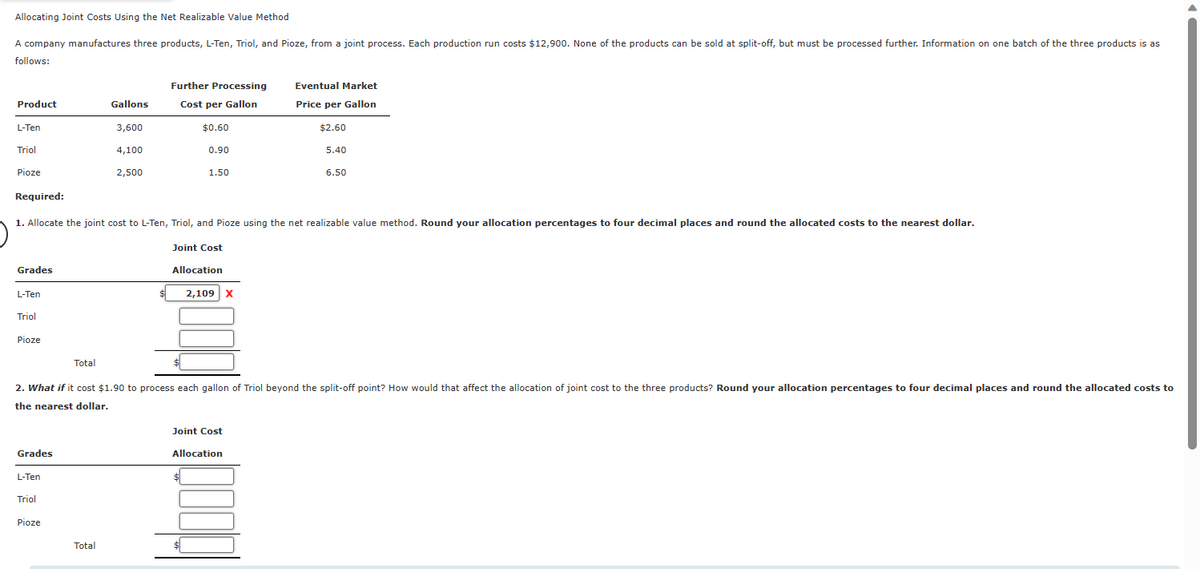 Allocating Joint Costs Using the Net Realizable Value Method
A company manufactures three products, L-Ten, Triol, and Pioze, from a joint process. Each production run costs $12,900. None of the products can be sold at split-off, but must be processed further. Information on one batch of the three products is as
follows:
Product
L-Ten
Triol
Pioze
Grades
L-Ten
Triol
Pioze
Grades
L-Ten
Triol
Pioze
Gallons
Total
3,600
4,100
Required:
1. Allocate the joint cost to L-Ten, Triol, and Pioze using the net realizable value method. Round your allocation percentages to four decimal places and round the allocated costs to the nearest dollar.
Total
2,500
Further Processing
Cost per Gallon
$0.60
0.90
1.50
Joint Cost
Allocation
$
2. What if it cost $1.90 to process each gallon of Triol beyond the split-off point? How would that affect the allocation of joint cost to the three products? Round your allocation percentages to four decimal places and round the allocated costs to
the nearest dollar.
$
$
2,109 X
Joint Cost
Allocation
Eventual Market
Price per Gallon
$2.60
5.40
6.50