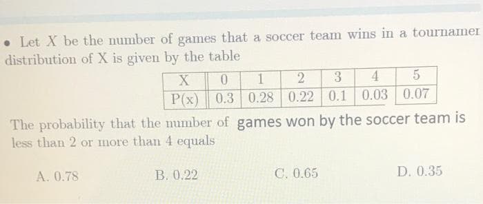 • Let X be the number of games that a soccer team wins in a tournamer
distribution of X is given by the table
1
4.
P(x) 0.3 0.28 0.22 0.1 0.03 0.07
The probability that the number of games won by the soccer team is
less than 2 or more than 4 equals
A. 0.78
B. 0.22
C. 0.65
D. 0.35
