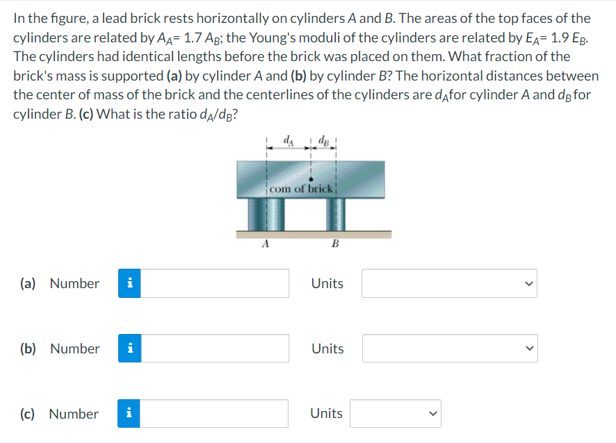 In the figure, a lead brick rests horizontally on cylinders A and B. The areas of the top faces of the
cylinders are related by AA= 1.7 AB; the Young's moduli of the cylinders are related by EA= 1.9 Eg.
The cylinders had identical lengths before the brick was placed on them. What fraction of the
brick's mass is supported (a) by cylinder A and (b) by cylinder B? The horizontal distances between
the center of mass of the brick and the centerlines of the cylinders are dafor cylinder A and dg for
cylinder B. (c) What is the ratio da/dg?
da de!
com of brick
B
(a) Number
i
Units
(b) Number
i
Units
(c) Number
i
Units
>
>
>
