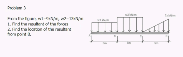 Problem 3
w2 kN/m
7x kN/m
From the figure, w1=9kN/m, w2=13KN/m
1. Find the resultant of the forces
2. Find the location of the resultant
from point B.
w1 kN/m
5m
Sm
5m
