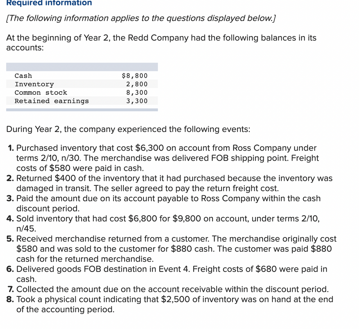 Required information
[The following information applies to the questions displayed below.]
At the beginning of Year 2, the Redd Company had the following balances in its
accounts:
Cash
Inventory
Common stock
Retained earnings
$8,800
2,800
8,300
3,300
During Year 2, the company experienced the following events:
1. Purchased inventory that cost $6,300 on account from Ross Company under
terms 2/10, n/30. The merchandise was delivered FOB shipping point. Freight
costs of $580 were paid in cash.
2. Returned $400 of the inventory that it had purchased because the inventory was
damaged in transit. The seller agreed to pay the return freight cost.
3. Paid the amount due on its account payable to Ross Company within the cash
discount period.
4. Sold inventory that had cost $6,800 for $9,800 on account, under terms 2/10,
n/45.
5. Received merchandise returned from a customer. The merchandise originally cost
$580 and was sold to the customer for $880 cash. The customer was paid $880
cash for the returned merchandise.
6. Delivered goods FOB destination in Event 4. Freight costs of $680 were paid in
cash.
7. Collected the amount due on the account receivable within the discount period.
8. Took a physical count indicating that $2,500 of inventory was on hand at the end
of the accounting period.