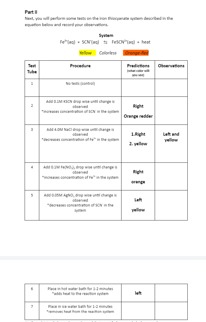 Part II
Next, you will perform some tests on the iron thiocyanate system described in the
equation below and record your observations.
Test
Tube
1
2
3
4
5
6
7
Fe³+ (aq) + SCN (aq)
System
Procedure
Yellow Colorless
No tests (control)
FeSCN²(aq) + heat
Orange-Red
Add 0.1M KSCN drop wise until change is
observed
*increases concentration of SCN in the system
Add 4.0M NaCl drop wise until change is
observed
*decreases concentration of Fe³+ in the system
Add 0.1M Fe(NO3)3 drop wise until change is
observed
*increases concentration of Fe³+ in the system
Add 0.05M AgNO, drop wise until change is
observed
*decreases concentration of SCN' in the
system
Place in hot water bath for 1-2 minutes
*adds heat to the reaction system
Place in ice water bath for 1-2 minutes
*removes heat from the reaction system
Predictions
(what color will
you see)
Right
Orange redder
1. Right
2. yellow
Right
orange
Left
yellow
left
Observations
Left and
yellow