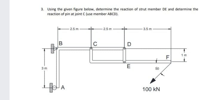 3. Using the given figure below, determine the reaction of strut member DE and determine the
reaction of pin at joint C (use member ABCD).
2.5 m
2.5 m
3.5 m
C
1 m
E
3 m
50
A
100 kN
