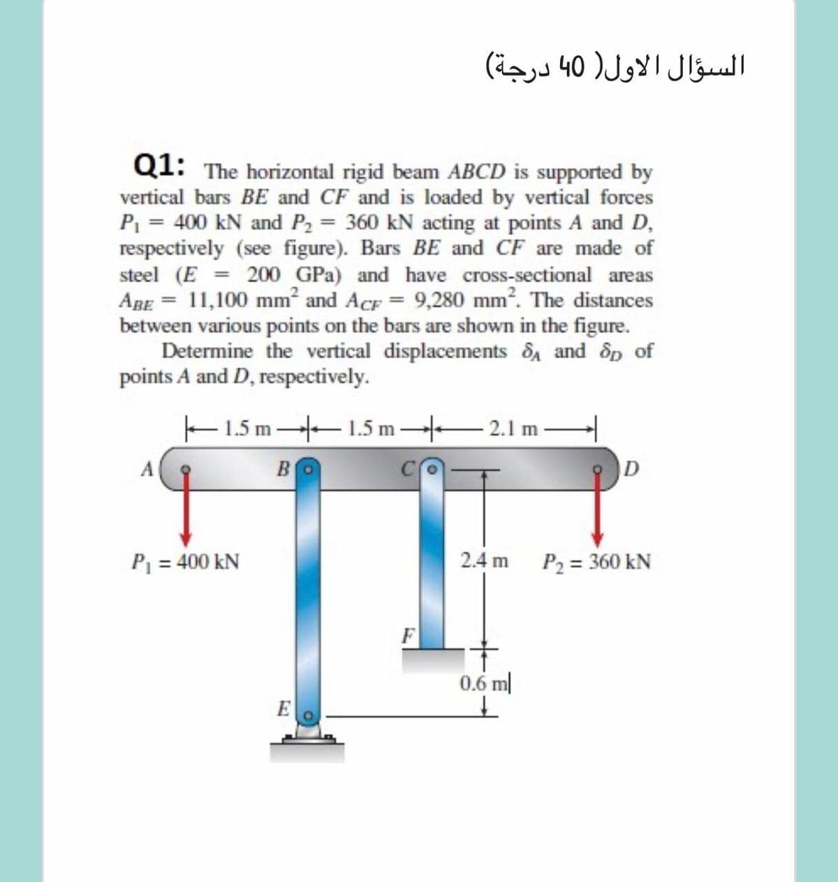 السؤال الأول) 40ا درجة(
Q1: The horizontal rigid beam ABCD is supported by
vertical bars BE and CF and is loaded by vertical forces
P = 400 kN and P2 = 360 kN acting at points A and D,
respectively (see figure). Bars BE and CF are made of
steel (E = 200 GPa) and have cross-sectional areas
ABE = 11,100 mm and AcF = 9,280 mm. The distances
between various points on the bars are shown in the figure.
Determine the vertical displacements dA and dp of
points A and D, respectively.
E1.5 m 1.5 m 2.1 m-
A
BO
D
P1 = 400 kN
2.4 m
P2 = 360 kN
F
0.6 m|
E
