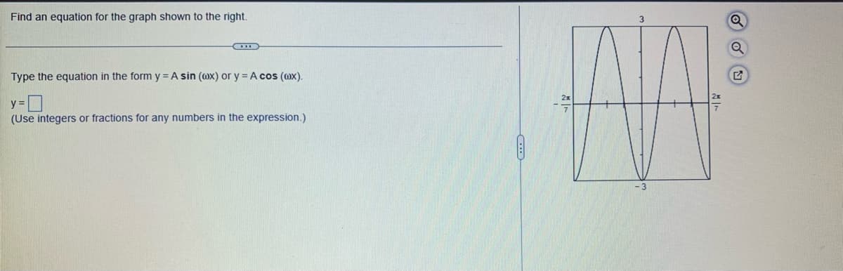 Find an equation for the graph shown to the right.
Type the equation in the form y = A sin (@x) or y = A cos (@x).
y=0
(Use integers or fractions for any numbers in the expression.)
Q
Q
G