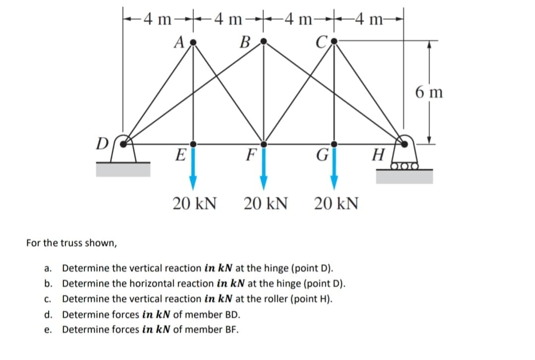 -4 m--4 m→-4 m--4 m→
A
B.
6 m
E
F
G
H
20 kN
20 kN
20 kN
For the truss shown,
a. Determine the vertical reaction in kN at the hinge (point D).
b. Determine the horizontal reaction in kN at the hinge (point D).
с.
Determine the vertical reaction in kN at the roller (point H).
d. Determine forces in kN of member BD.
е.
Determine forces in kN of member BF.
