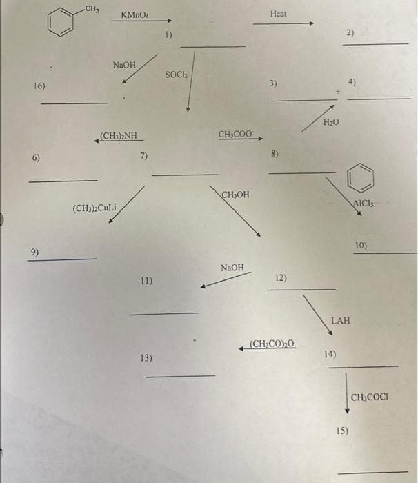 16)
6)
9)
CH3
KMnO4
NaOH
(CH3)2NH
(CH3)2Culi
7)
11)
13)
1)
SOCI₂
CH₂COO
CH₂OH
NaOH
Heat
3)
8)
12)
(CH:CO)O
H₂O
2)
LAH
14)
15)
AICI
10)
CH₂COCI