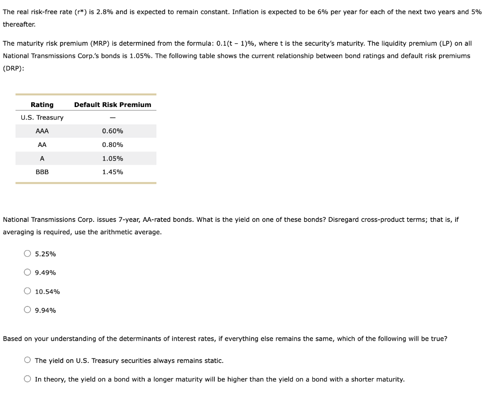 The real risk-free rate (r*) is 2.8% and is expected to remain constant. Inflation is expected to be 6% per year for each of the next two years and 5%
thereafter.
The maturity risk premium (MRP) is determined from the formula: 0.1(t-1) %, where t is the security's maturity. The liquidity premium (LP) on all
National Transmissions Corp.'s bonds is 1.05%. The following table shows the current relationship between bond ratings and default risk premiums
(DRP):
Rating
U.S. Treasury
AAA
AA
A
BBB
O 5.25%
O9.49%
National Transmissions Corp. issues 7-year, AA-rated bonds. What is the yield on one of these bonds? Disregard cross-product terms; that is, if
averaging is required, use the arithmetic average.
10.54%
Default Risk Premium
9.94%
0.60%
0.80%
1.05%
1.45%
Based on your understanding of the determinants of interest rates, if everything else remains the same, which of the following will be true?
O The yield on U.S. Treasury securities always remains static.
O In theory, the yield on a bond with a longer maturity will be higher than the yield on a bond with a shorter maturity.