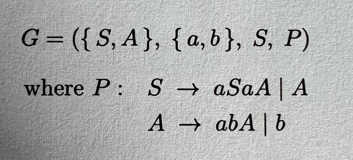 G= ({S, A}, {a,b}, S, P)
where P: S →
aSaA | A
A abA | b
→