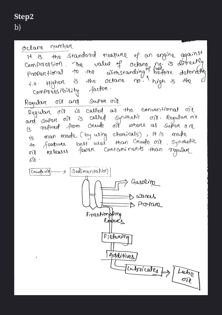 Step2
b)
oclane number
the standard measere of an engine
valul f odane
gainst
It is
Compression
The
is
with standing before detonati,
high is
of
to
The
Propertional
the
otane
the
i.e. Highere
Comproes ibirity factor.
Ragular oe ard
Seepern oie
is called
the
conventional i
Regular ore
and supon ol is called Synthetic onl. Regular
mapined Arom crede
n'e
is
man made (by using chonicals)
to feature
releases
wherce as Sepon o re
made
than Coeude on. Synthetic
fouwer Contaminents than rogulare
2t is
best uses
oil
|Crude o-
> Sedimentalion
Gasoline
Dwanes
A Aropae
Frastionphing
lepens
Fithring
Tadditives
lubnicales >
Lebe
