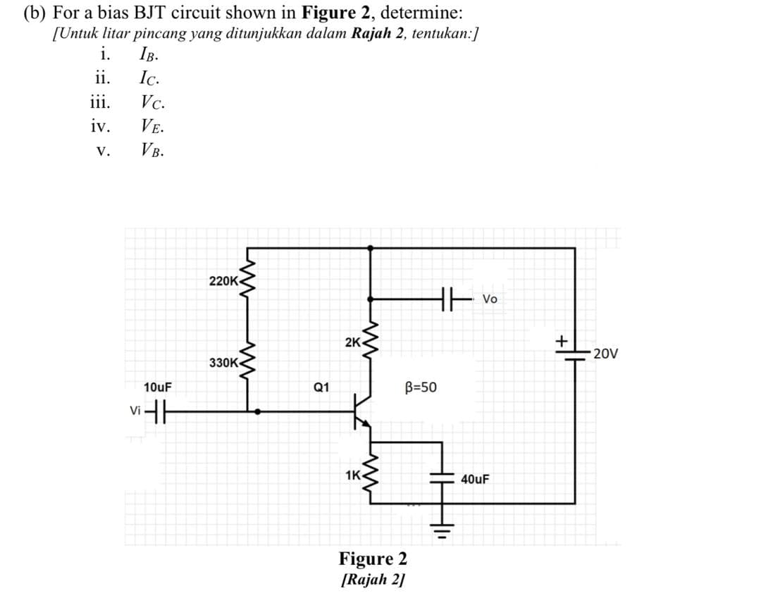 (b) For a bias BJT circuit shown in Figure 2, determine:
[Untuk litar pincang yang ditunjukkan dalam Rajah 2, tentukan:]
i.
Ів.
ii.
Ic.
iii.
Vc.
iv.
VE.
V.
VB.
220K
Vo
2K
+
20V
330K
10uF
Q1
B=50
Vi
1K
40uF
Figure 2
[Rajah 2]
