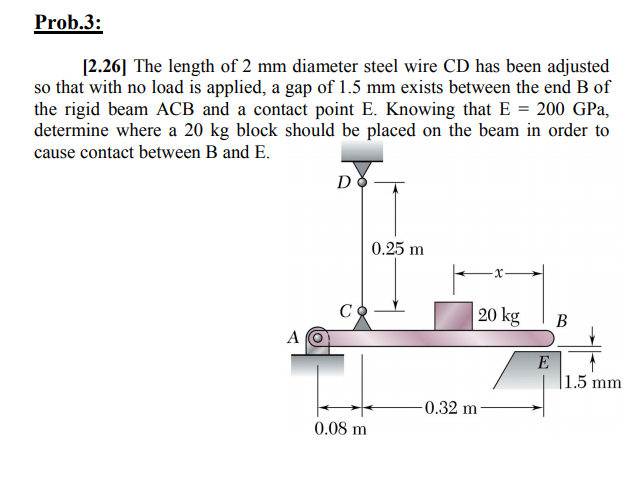 Prob.3:
[2.26] The length of 2 mm diameter steel wire CD has been adjusted
so that with no load is applied, a gap of 1.5 mm exists between the end B of
the rigid beam ACB and a contact point E. Knowing that E = 200 GPa,
determine where a 20 kg block should be placed on the beam in order to
cause contact between B and E.
0.25 m
CO
20 kg
В
A
E
1.5 mm
-0.32 m
0.08 m
