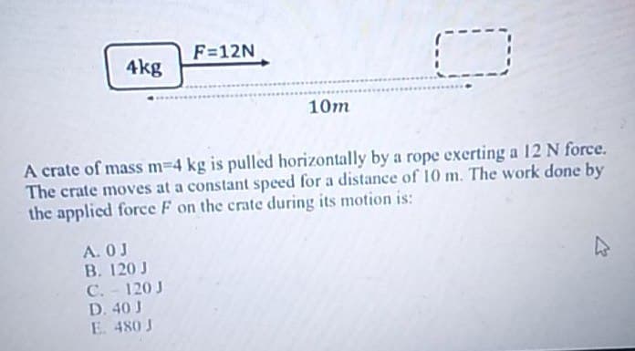 0
F=12N
4kg
10m
A crate of mass m=4 kg is pulled horizontally by a rope exerting a 12 N force.
The crate moves at a constant speed for a distance of 10 m. The work done by
the applied force F on the crate during its motion is:
A. O J
B. 120 J
C. - 120 J
D. 40 J
E. 480 J