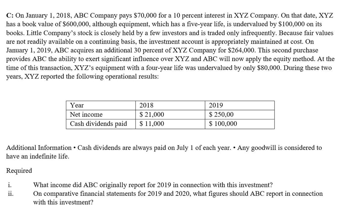 C: On January 1, 2018, ABC Company pays $70,000 for a 10 percent interest in XYZ Company. On that date, XYZ
has a book value of $600,000, although equipment, which has a five-year life, is undervalued by $100,000 on its
books. Little Company's stock is closely held by a few investors and is traded only infrequently. Because fair values
are not readily available on a continuing basis, the investment account is appropriately maintained at cost. On
January 1, 2019, ABC acquires an additional 30 percent of XYZ Company for $264,000. This second purchase
provides ABC the ability to exert significant influence over XYZ and ABC will now apply the equity method. At the
time of this transaction, XYZ's equipment with a four-year life was undervalued by only $80,000. During these two
years, XYZ reported the following operational results:
Year
2018
2019
$ 21,000
$ 11,000
$ 250,00
$ 100,000
Net income
Cash dividends paid
Additional Information • Cash dividends are always paid on July 1 of each year. • Any goodwill is considered to
have an indefinite life.
Required
i.
What income did ABC originally report for 2019 in connection with this investment?
On comparative financial statements for 2019 and 2020, what figures should ABC report in connection
i.
with this investment?
