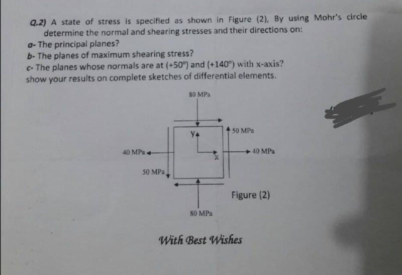 Q.2) A state of stress is specified as shown in Figure (2), By using Mohr's circle
determine the normal and shearing stresses and their directions on:
a- The principal planes?
b- The planes of maximum shearing stress?
c- The planes whose normals are at (+50°) and (+140°) with x-axis?
show your results on complete sketches of differential elements.
80 MPa
E
Y4
50 MPa
40 MPa 4
50 MPa
40 MPa
Figure (2)
80 MPa
With Best Wishes