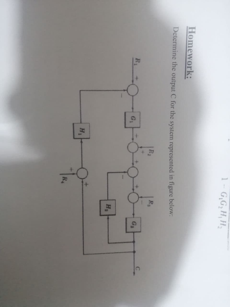 1 - G,G,H, H,
Homework:
Determine the output C for the system represented in figure below:
R2
R3
R1
G2
H2
