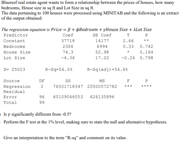 Bluereef real estate agent wants to form a relationship between the prices of houses, how many
bedrooms, House size in sq ft and Lot Size in sq ft.
The data pertaining to 100 houses were processed using MINITAB and the following is an extract
of the output obtained:
The regression equation is Price = B + ¢Bedroom + yHouse Size + ALot Size
Predictor
Сoef
SE Coef
т
P
Constant
37718
14177
2.66
**
Bedrooms
2306
6994
0.33 0.742
House Size
74.3
52.98
0.164
Lot Size
-4.36
17.02
-0.26 0.798
S= 25023
R-Sq=56.0%
R-Sq(adj)=54.6%
Source
DF
MS
F
P
Regression
3
76501718347 25500572782
Residual
Error
96
60109046053
626135896
Total
99
• Is y significantly different from -0.5?
Perform the F test at the 1% level, making sure to state the null and alternative hypotheses.
Give an interpretation to the term “R-sq" and comment on its value.
