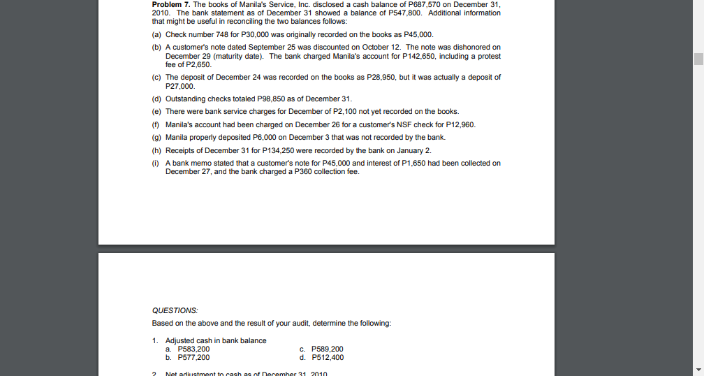 Problem 7. The books of Manila's Service, Inc. disclosed a cash balance of P687,570 on December 31,
2010. The bank statement as of December 31 showed a balance of P547,800. Additional information
that might be useful in reconciling the two balances follows:
(a) Check number 748 for P30,000 was originally recorded on the books as P45,000.
(b) A customer's note dated September 25 was discounted on October 12. The note was dishonored on
December 29 (maturity date). The bank charged Manila's account for P142,650, including a protest
fee of P2,650.
(c) The deposit of December 24 was recorded on the books as P28,950, but it was actually a deposit of
P27,000.
(d) Outstanding checks totaled P98,850 as of December 31.
(e) There were bank service charges for December of P2,100 not yet recorded on the books.
(f) Manila's account had been charged on December 26 for a customer's NSF check for P12,960.
(g) Manila properly deposited P6,000 on December 3 that was not recorded by the bank.
(h) Receipts of December 31 for P134,250 were recorded by the bank on January 2.
(1) A bank memo stated that a customer's note for P45,000 and interest of P1,650 had been collected on
December 27, and the bank charged a P360 collection fee.
QUESTIONS:
Based on the.
and the resuh
your audit, determine the
lowing:
Adjusted cash in bank balance
a. P583,200
b. P577,200
c. P589,200
d. P512,400
2.
Net adiustment to cash
s of December 31 2010
